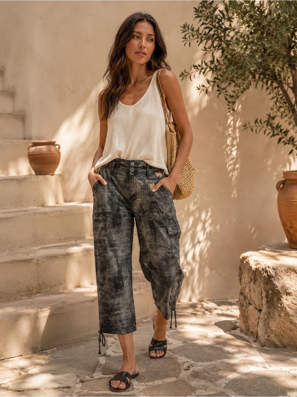 834. Relaxed Tie-Hem Cargo Pants in Black Tie-Dye